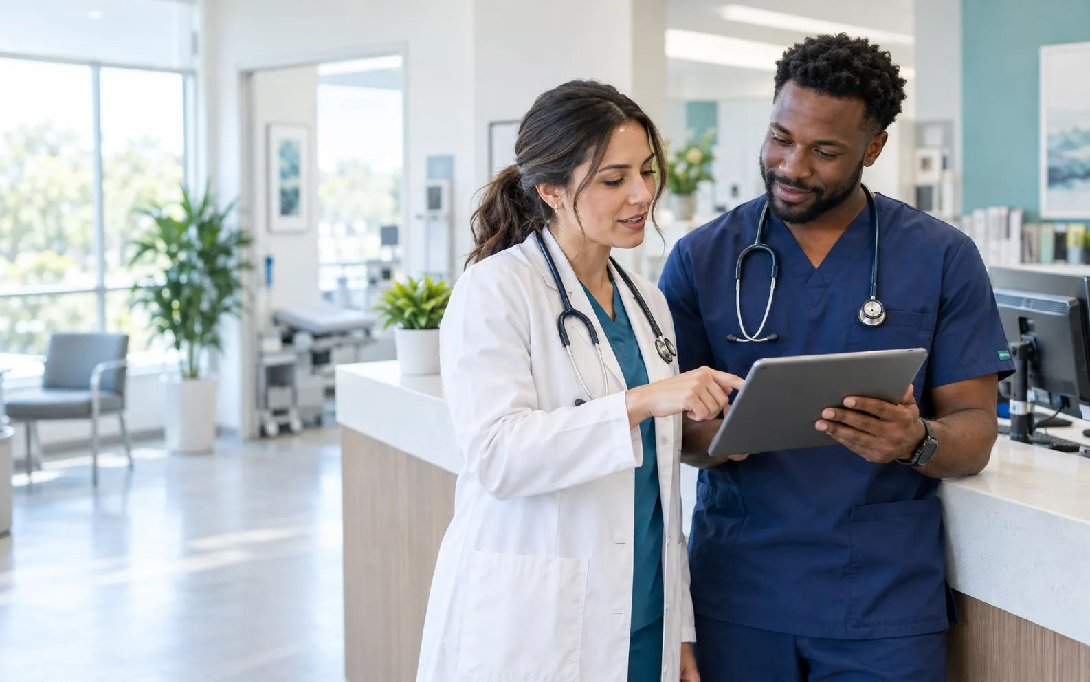 Two clinicians reviewing a practice workflow on a tablet